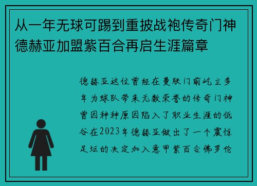 从一年无球可踢到重披战袍传奇门神德赫亚加盟紫百合再启生涯篇章